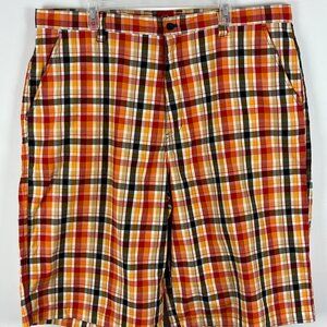 PJ Mark Bermuda Shorts Size 42 Orange Red Plaid Inseam 14in Rise 14in Slash Pock